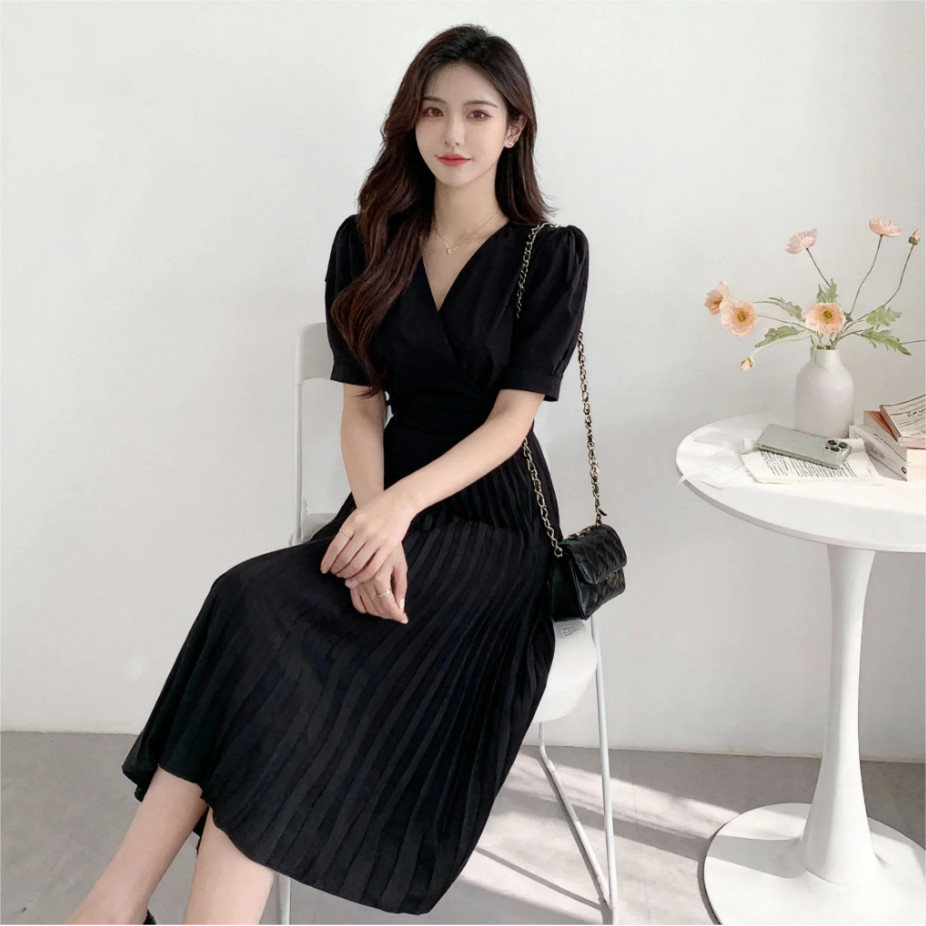 summer baju midi dress wanita hitam polos press body lengan pendek dress kekinian korean style elega