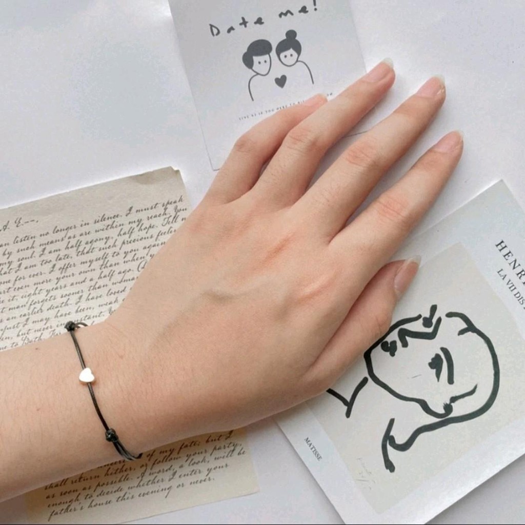 Korean Style: Sepasang Gelang Tali Minimalis Mote Love Rhodium - Couple & Bestie