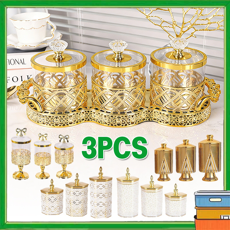 3PCS/SET Toples Mewah Kedap Udara Emas Toples Makanan Serbaguna Set Toples Mewah Aesthetic Toples Ha