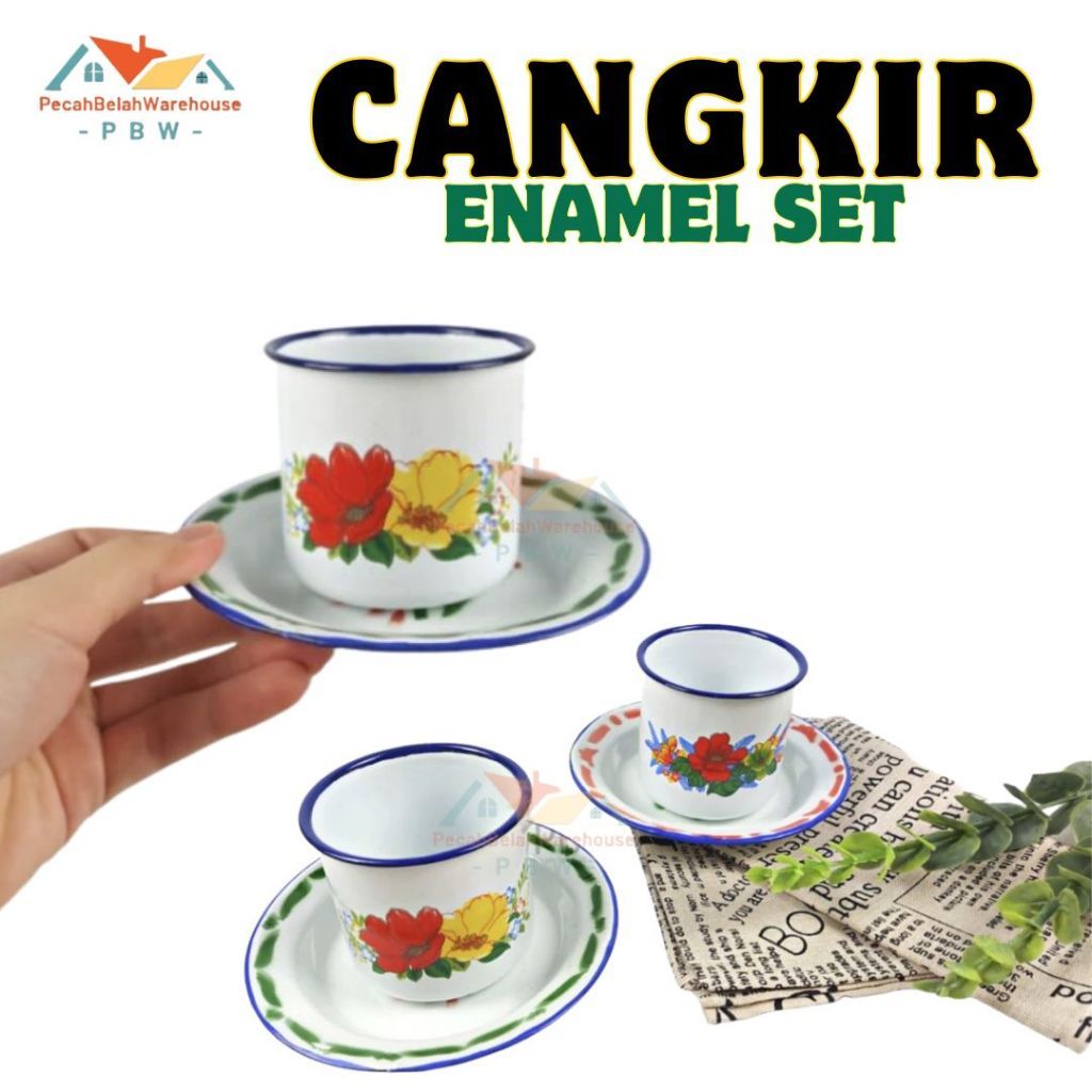 TERLARIS [1 SET] Cangkir Seng Enamel Jadul Bunga + Pisin / Cangkir Kopi + Tatakan / Cangkir Enamel S
