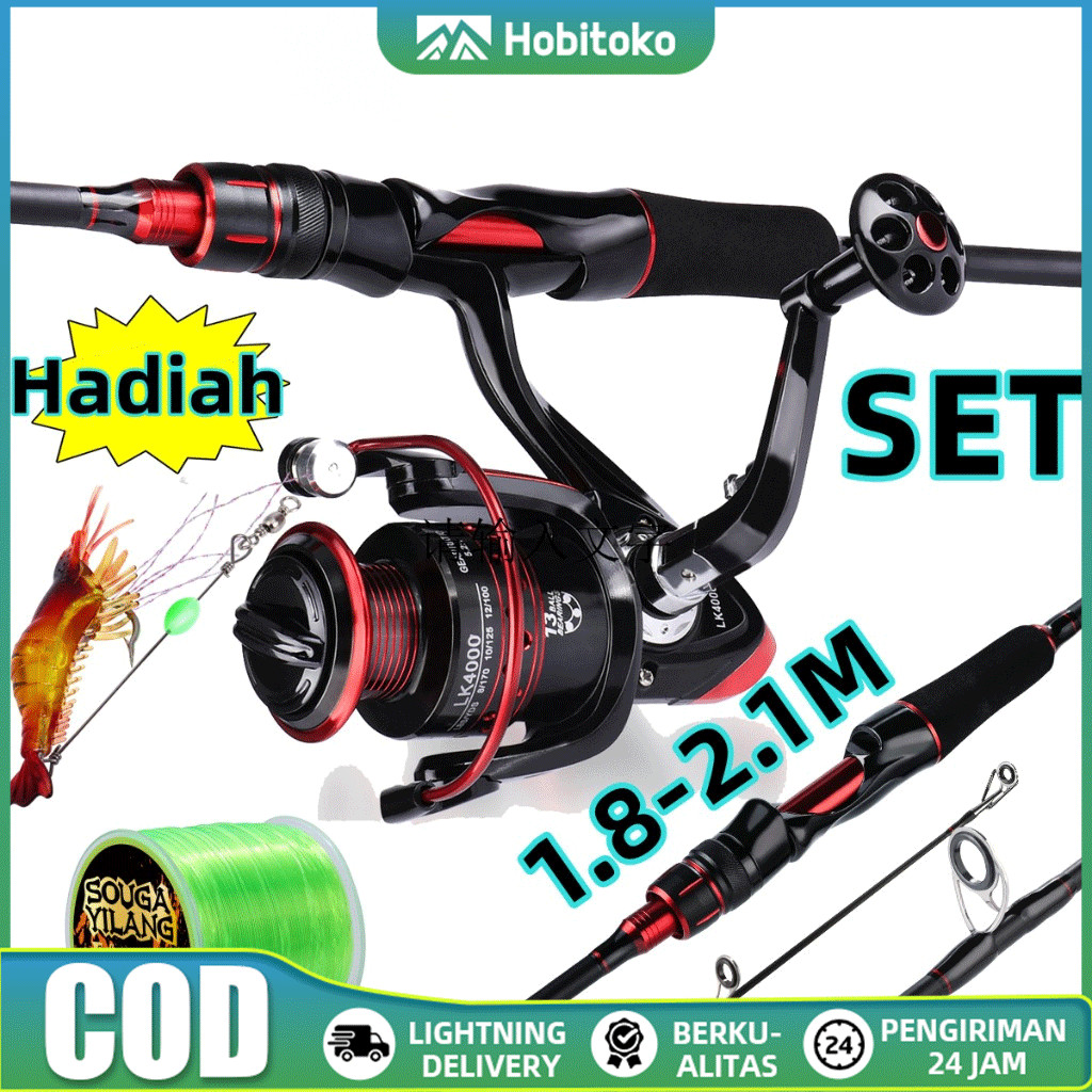 (COD)Joran Pancing Set 1.8/2.1m Joran Dan 2000-7000 Full Metal Reel Pancing Joran Set Lengkap