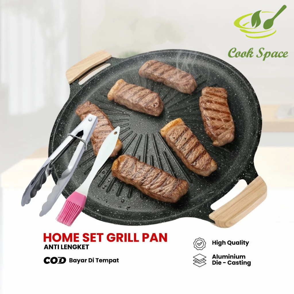 Set Grill Pan dan Kompor Portable Kayu Alat Panggangan BBQ Anti Lengket