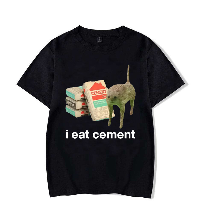 I Eat Cement Cursed Cat Funny Meme T Shirt for Men Women Fashion Casual Short Sleeve T Shirts Male O