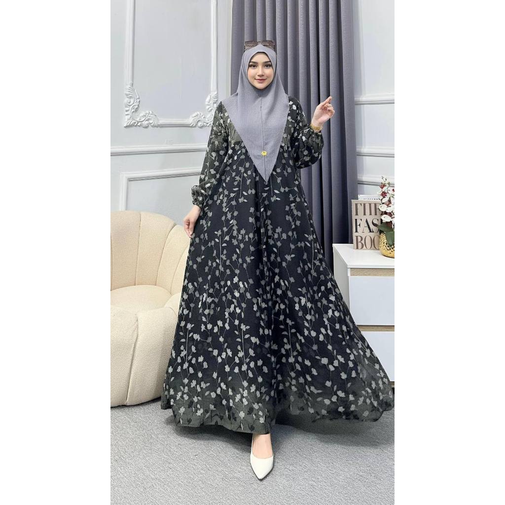 Gamis Set Hijab Jumbo Crinkle VIP Printing New Model - Baju Muslim Wanita Motif Bunga Mewah Elegan T