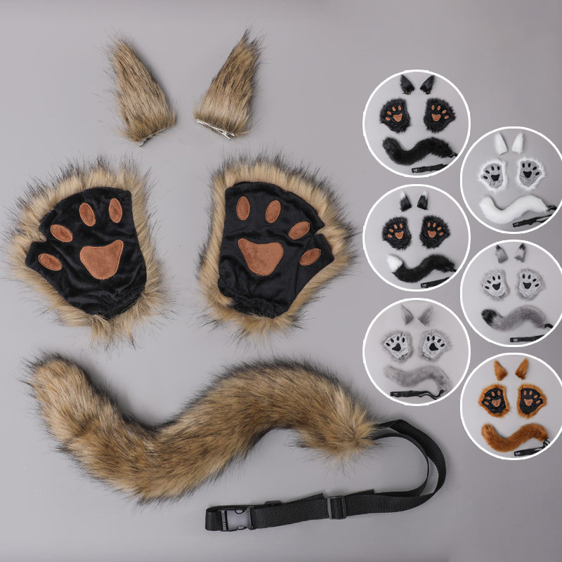 Anime Lolita Wolf Cat Ear Cosplay Props Set Furry Paw Gloves Hairbands Cat Tails Fur Beast Ear Cospl