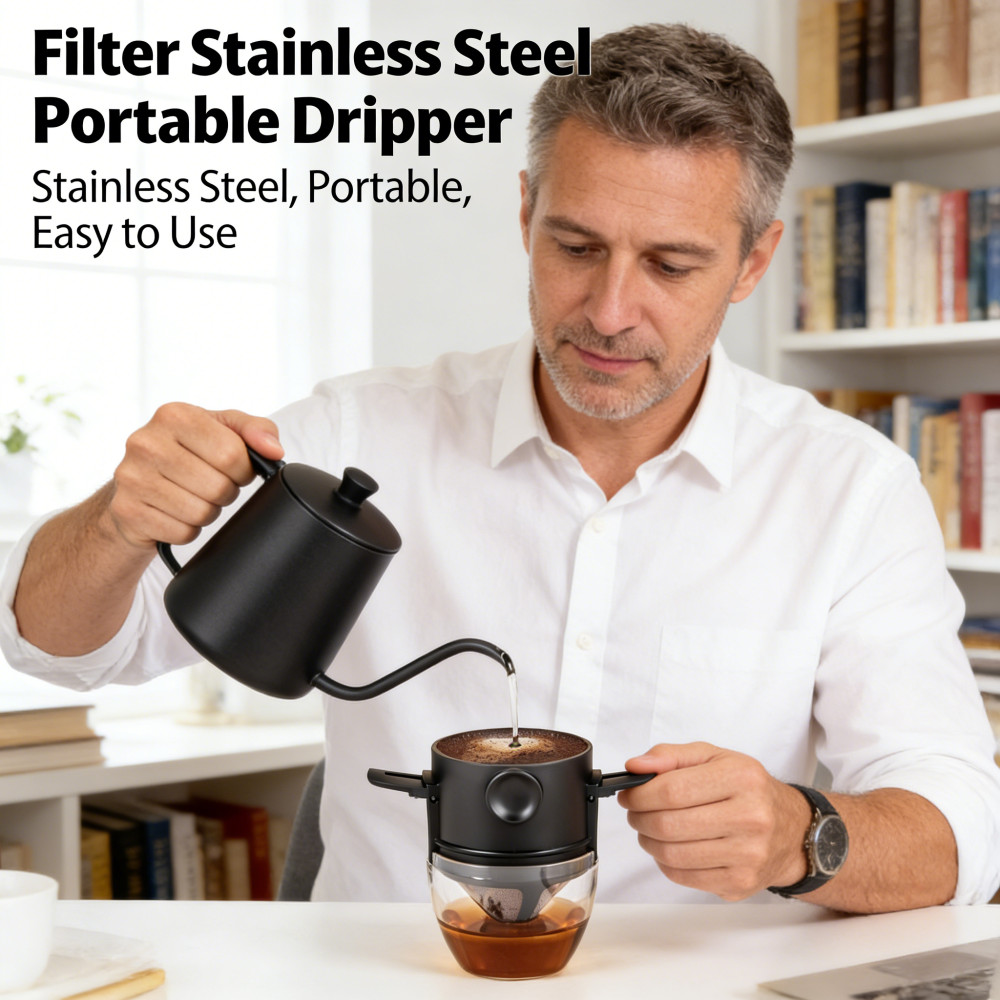 Penyaring Kopi Dripper Hitam Steel Portable Cone Filter Penyaring Coffee Dripper Coffee