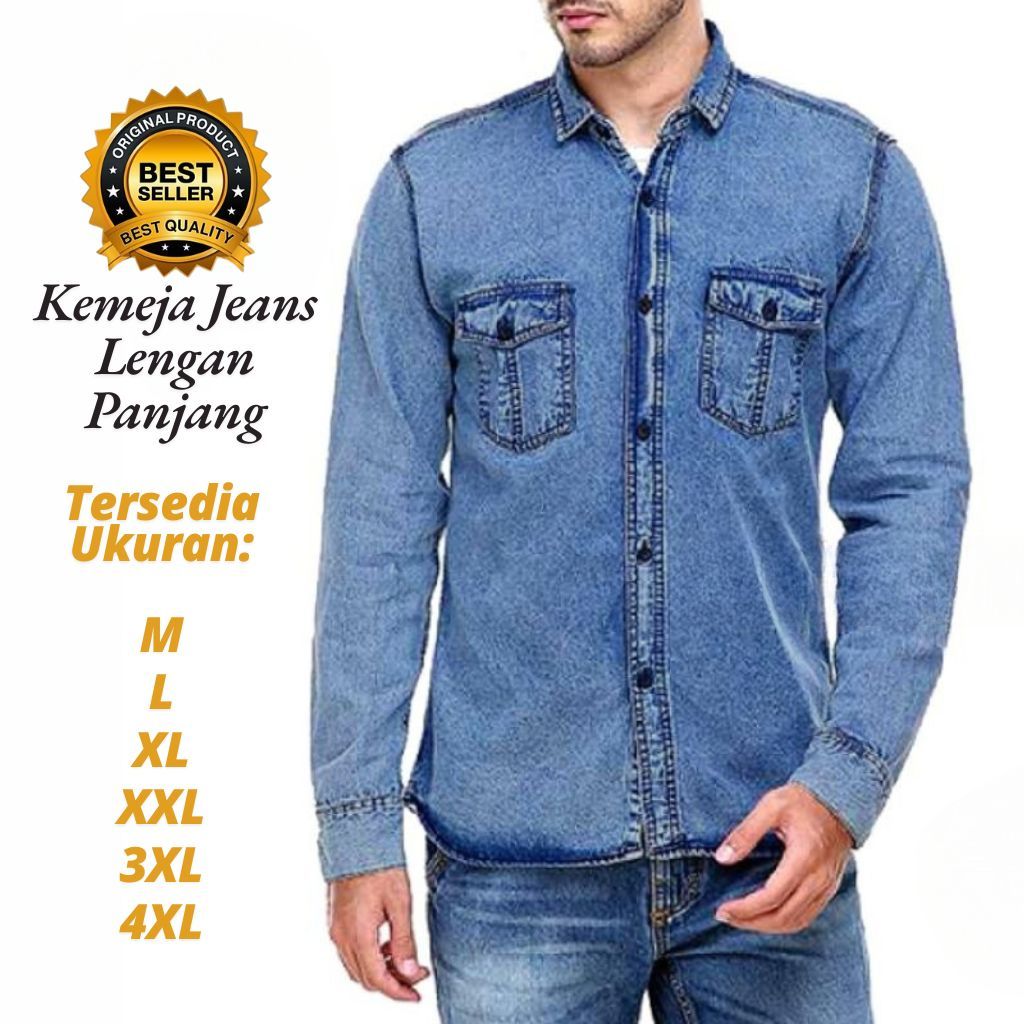 Baju Kemeja Hem Denim Jeans Pria Jumbo Lengan Panjang Premium Original Distro Snow Wash