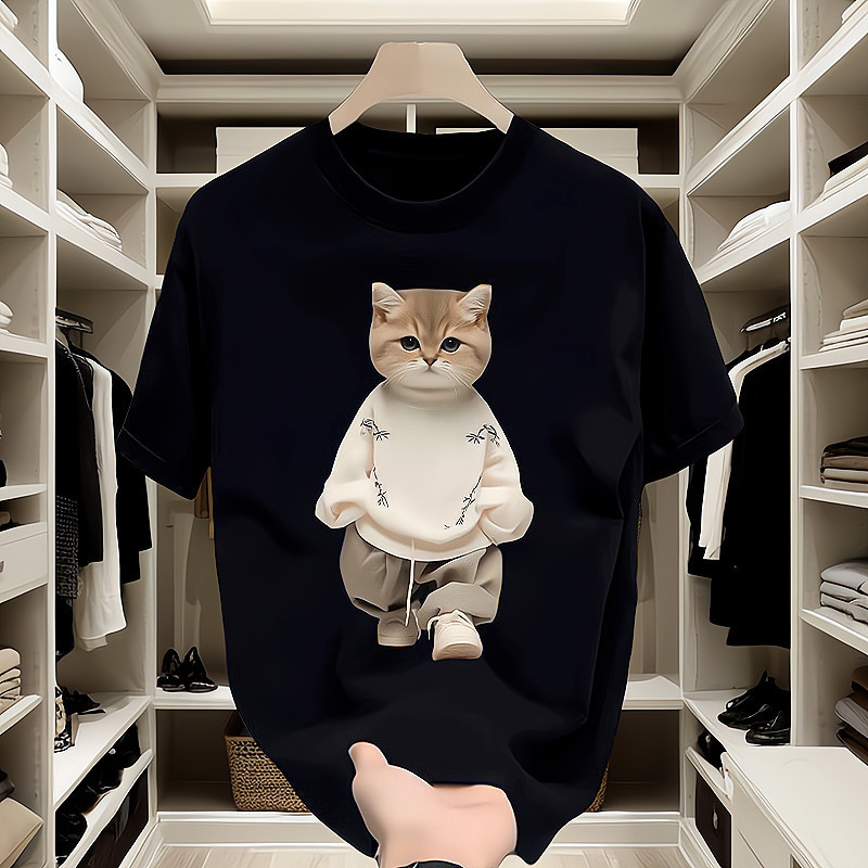 Baju Kaos Cowok T-shirt Hitam Gambar Kucing Aesthetic Desain Karakter Lucu Trendy 2026 Atasan Pria K
