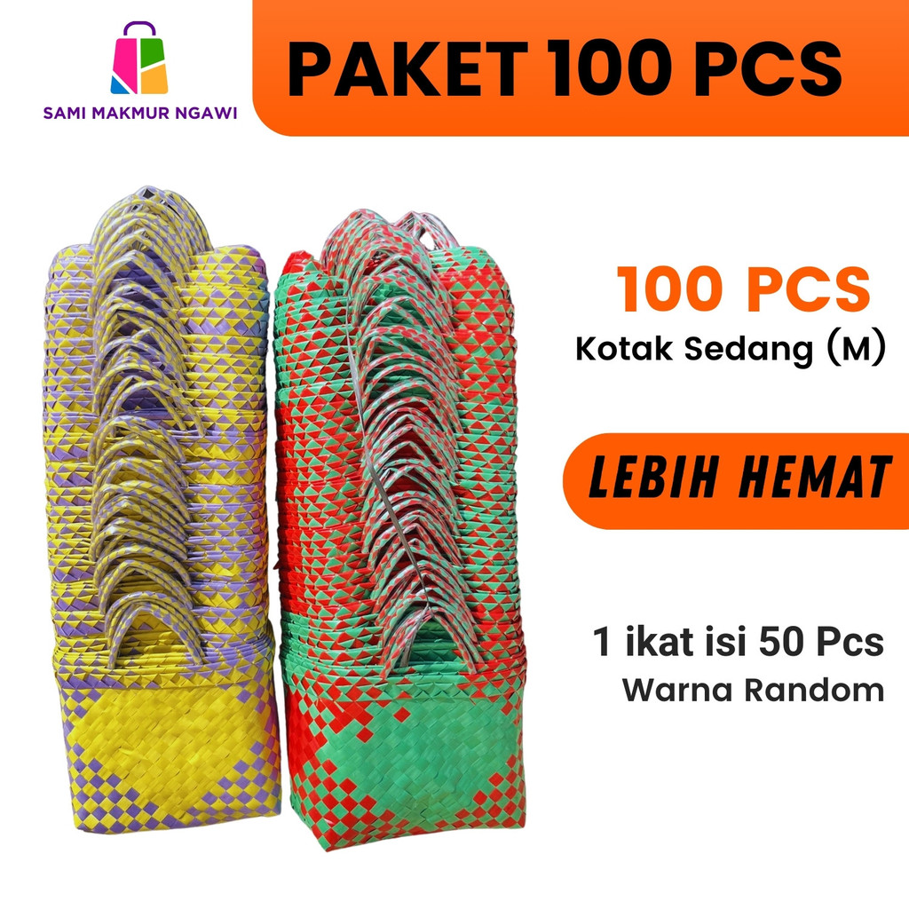 PAKET GROSIR 100 PCS Tas Anyaman Plastik KOTAK SEDANG (M) Souvenir Hampers Bingkisan Kotak Nasi
