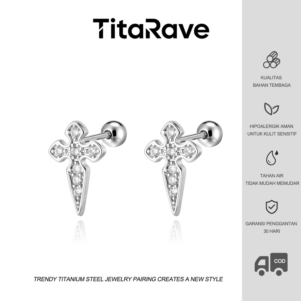 TitaRave Anting Telinga Kuku Pria Fashion Hip Hop Punk Unik Salib Screw Anting Tindik Wanita Perak