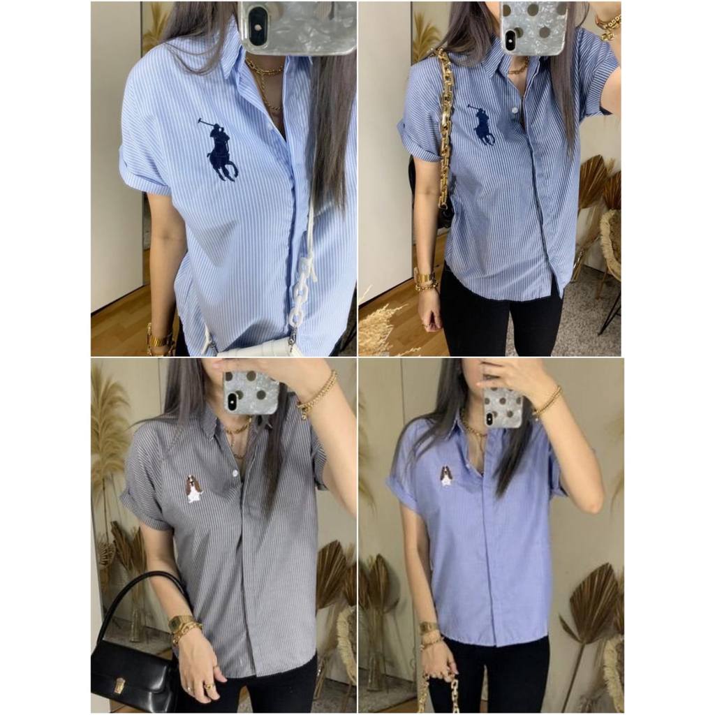 SJM CASUAL STRIPE SHIRT PL HP LENGAN PENDEK KATUN IMPORT KEMEJA SALUR BATWING GARIS 1511 WANITA