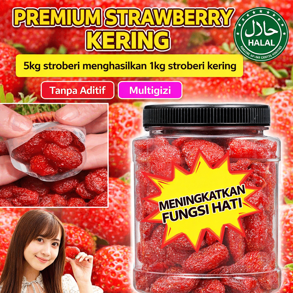 Cemilan Strawberry Kering, Camilan Buah Kering Manis Alami, Kaya Antioksidan Vitamin, Camilan Sehat 