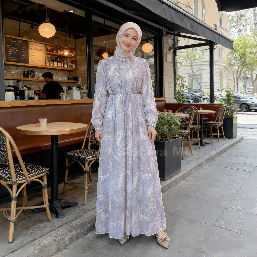 Gamis Motif Bunga Terbaru/ Dress Panjang Bunga Muslim Korea