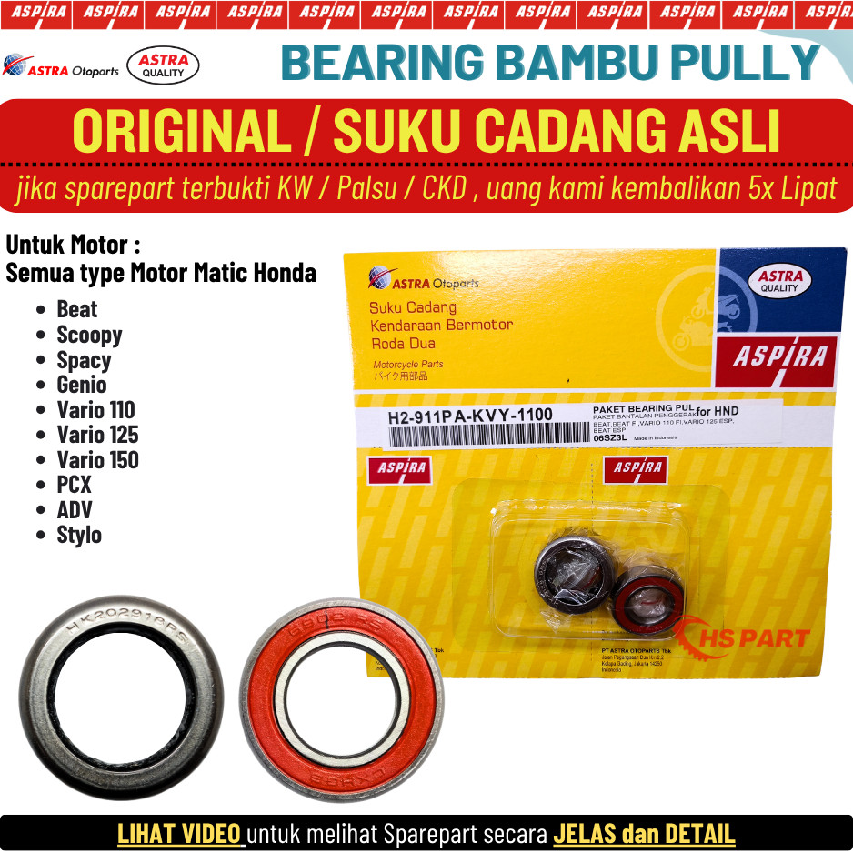 Bearing Laher Bambu Pulley Pully Beat Fi Stater Kasar Scoopy Spacy Vario 110 Fi Original Aspira 100%