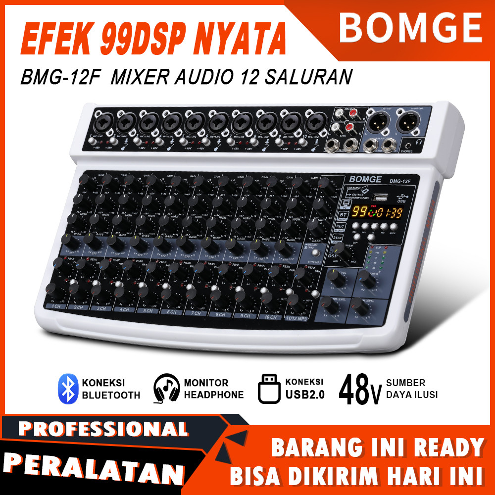 BOMGE 12F Audio Mixer Profesional 12 Chanel Mini Mixer Audio,DC5V 99Efek DSP/USB Bluetooth MP3,perek