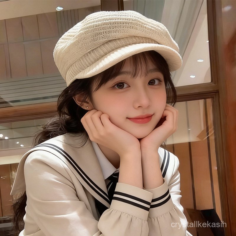 Topi Baret Wanita Rajut Krem - Topi Beret Knit Casual Kekinian untuk OOTD