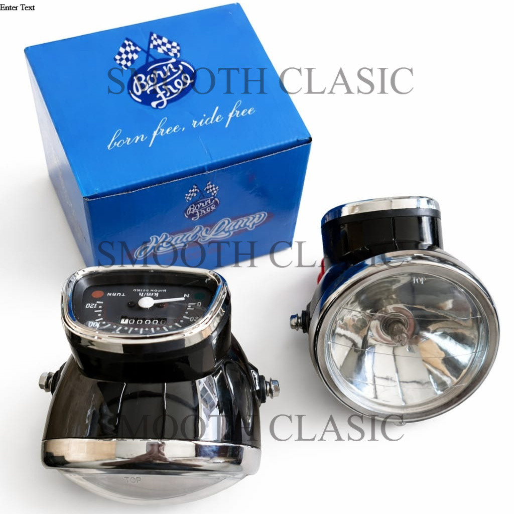 Lampu Depan CD90 Hitam + Speedometer Bornfree – Headlamp Motor Custom Klasik Set