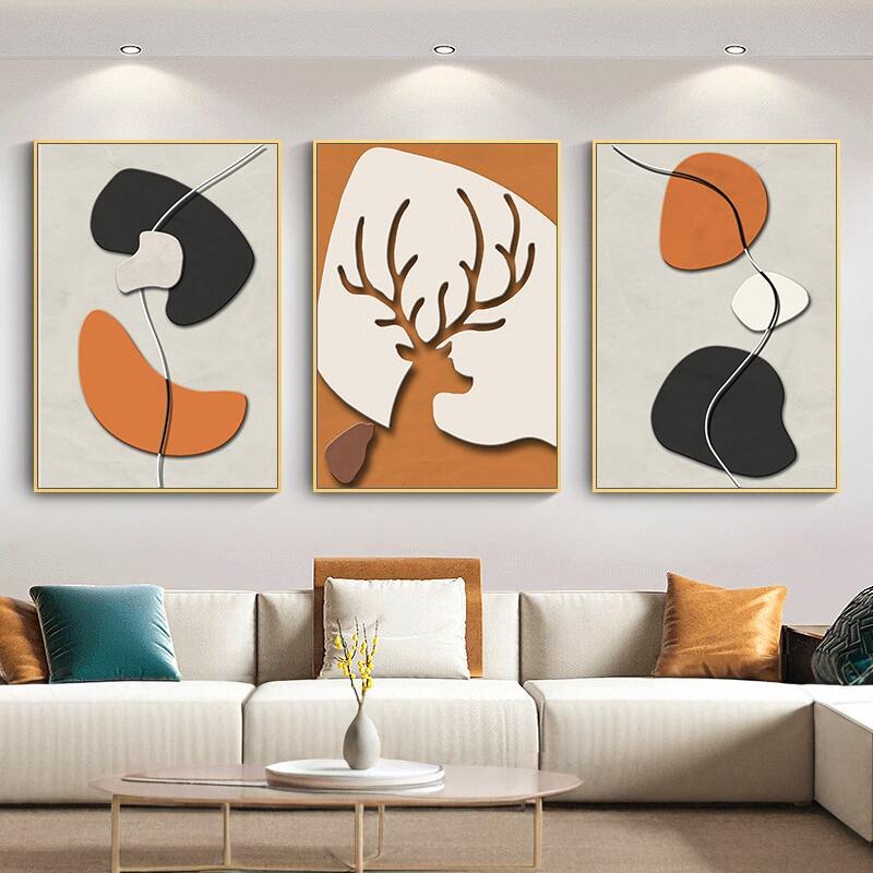 (40×60CM)Lukisan 3 Panel Nordic Kuda Rusa Mewah - Dekorasi Dinding Sofa Minimalis Elegan