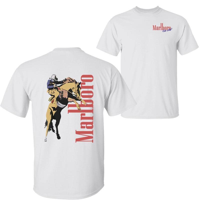 Kaos Gaya Barat Koboi Vintage Marlboro Untuk Pria, Kaos Retro Wild West Graphic 2 Sides, Unisex Cấul