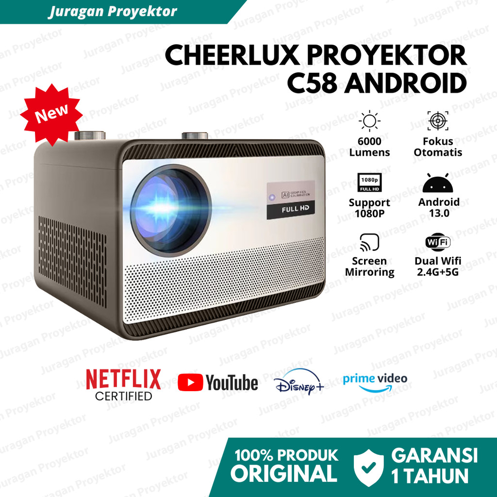 Smart Proyektor Cheerlux C58 Android Wifi 6000 Lumens | Proyektor Android 4K Full HD | Proyektor 108