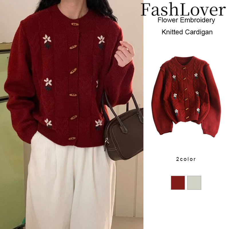 FASHLOVER Atasan Lengan Panjang Wanita Kardigan Rajut Bordir Bunga Jaket Sweater Kancing Tanduk Lehe