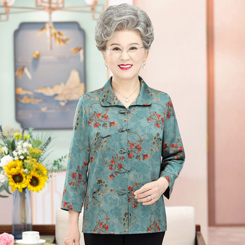 Baju Nenek Musim Panas Wanita Lansia Lengan 3/4 Kerah Lipat Baju Atasan Longgar Musim Panas
