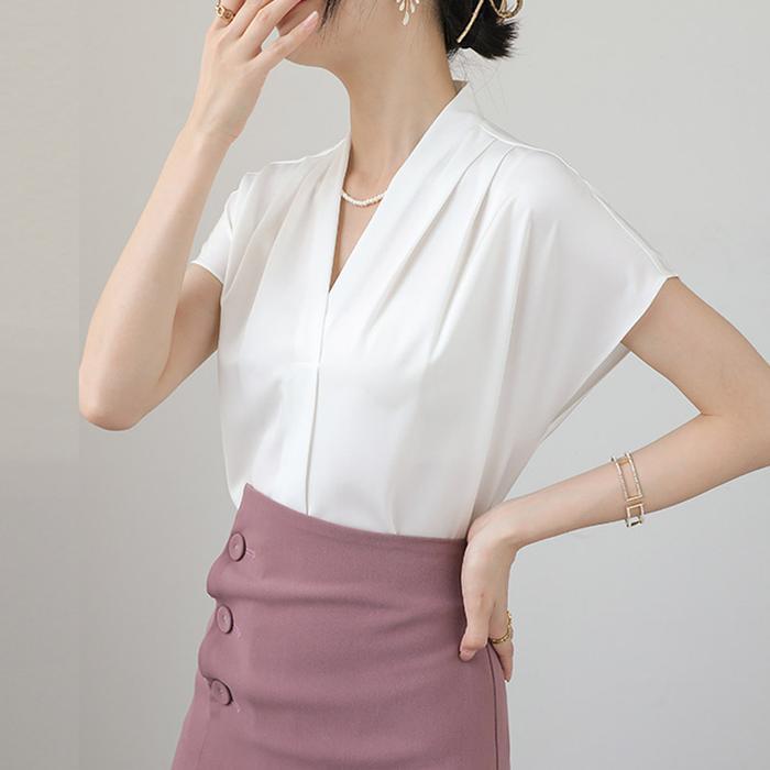 Blus Kemeja Lengan Pendek Musim Gaya Panas French Premium Atasan Satin Chiffon Tipis Elegan - Putih,