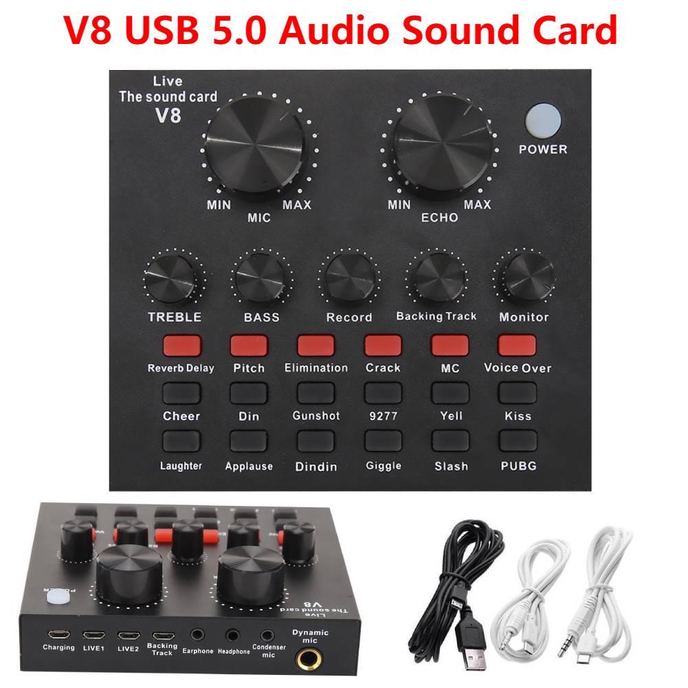 V8 Sound Card PC Computer Auo USB External Headset Microphone Live Broadcast Sound Card Professional