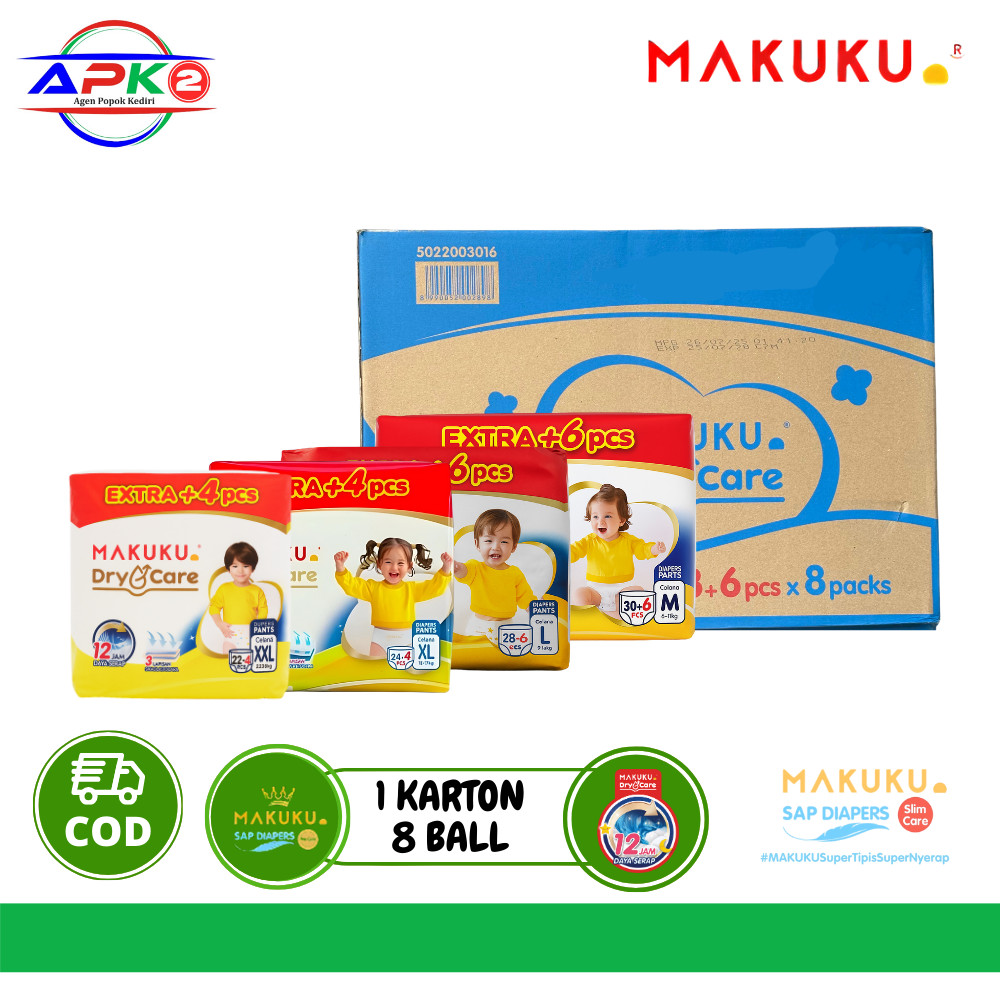 MAKUKU Dry Care Pants M30+6 L28+6 XL24+4 XXL22+4 1 Karton / 1 Dus Isi 8 Ball Popok Bayi Celana APK2