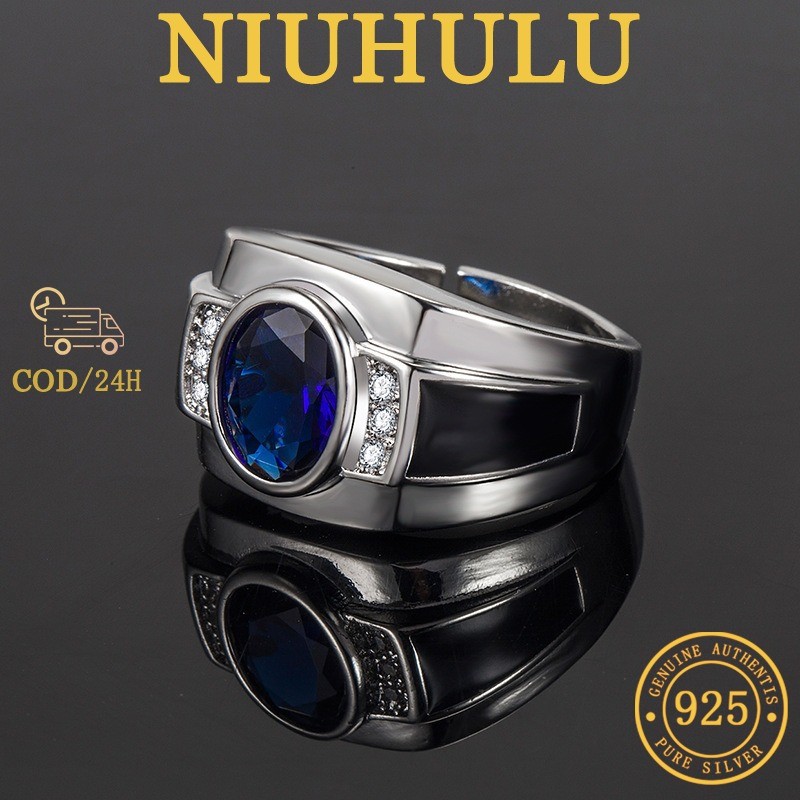 Cincin Platinum Onyx Hitam Pria Oval Safir Mewah