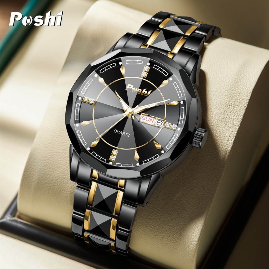 POSHI Jam Tangan Pria Bisnis Anti Air Kuarsa Jam Pria Calendar Tali Stainless Steel PS983 Watches