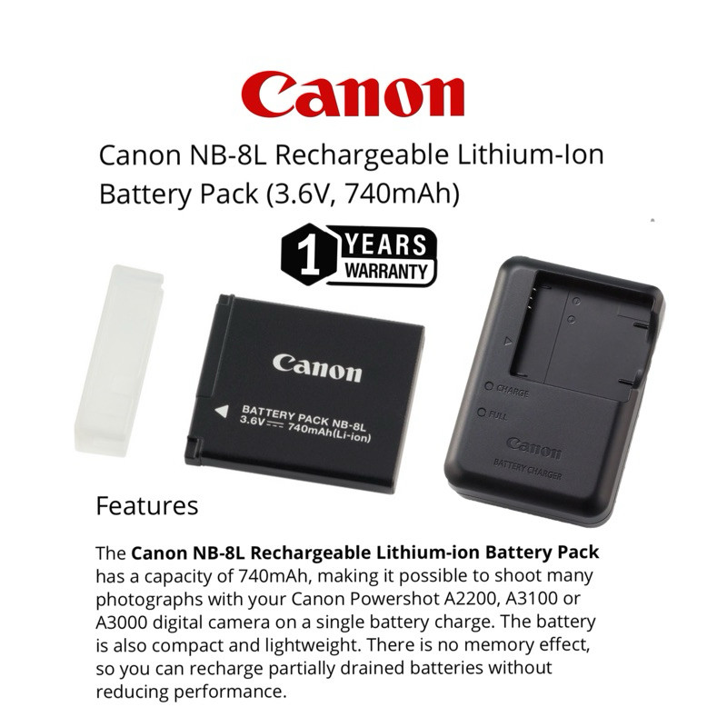 CANON NB-8L BATTERY CANON CB-2LA CHARGER FOR CANON POWERSHOT CAMERA A2200 A3100 A3000 (1 YEARS WARRA