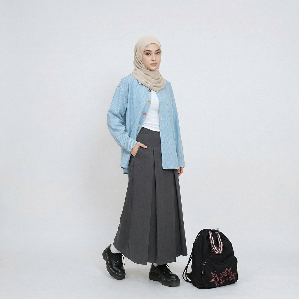 4.10/DB605/ 2026 Kemeja Wanita Lengan Panjang Motif Garis Biru Muda Kancing Warna-Warni Model Kekini
