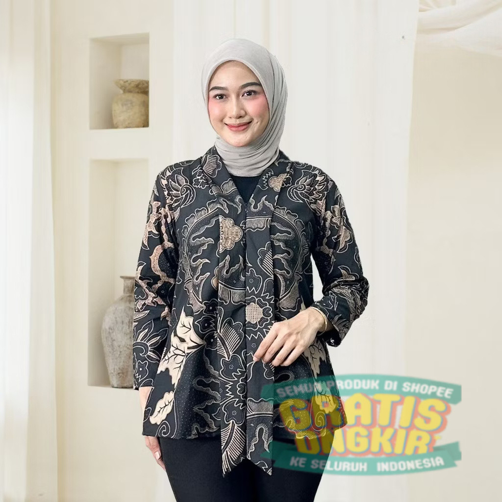 Kebaya Batik Wanita Atasan Cewek Blus Lengan Panjang Kutubaru Kartini Modern Kantor Motif Banyak C9/