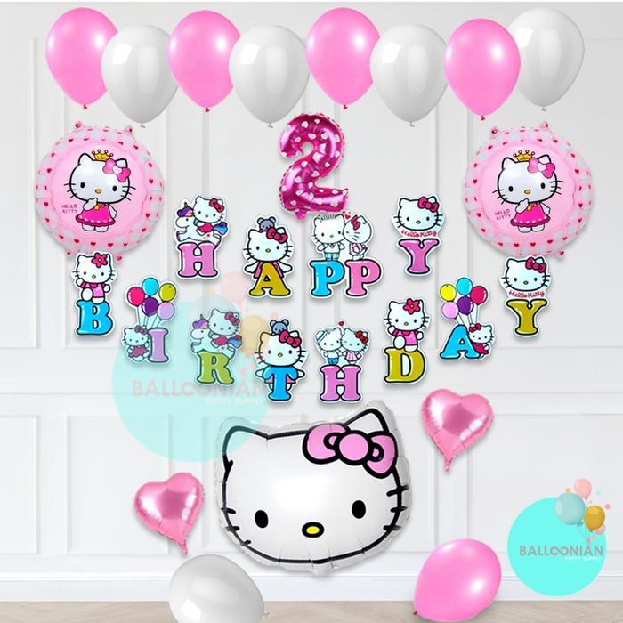 (Paket Balon Dekorasi)HELLO KITTY SIMPLE DEKORASI SET/BALON FOIL/DEKORASI ULANG TAHUN ANAK PEREMPUAN