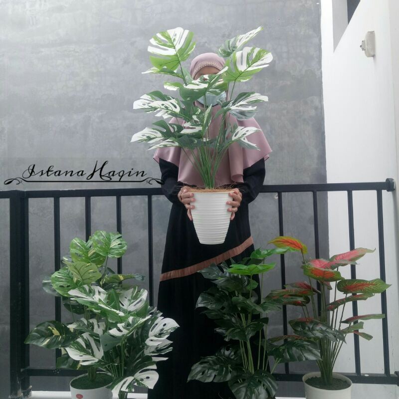 JAMIN MURAH Monstera Artificial Monstera Hijau Monstera Varigata plus Pot(BISA LANGSUNG ORDER)