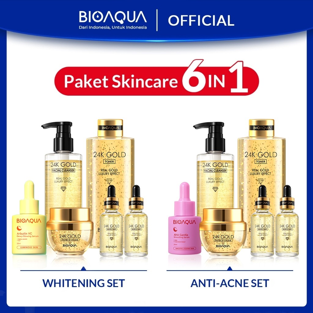 PROMO BIOAQUA Skincare 1 Set Lengkap 6pcs With Brightening Serum Wajah / Acne Essence / Day & Night 