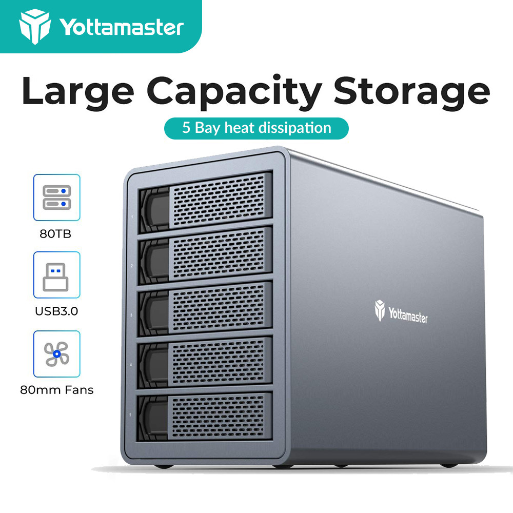 Yottamaster 5 Bay RAID External Hard Drive Enclosure 2.5" 3.5" SATA HDD SSD Enclosure RAID Mode Hard