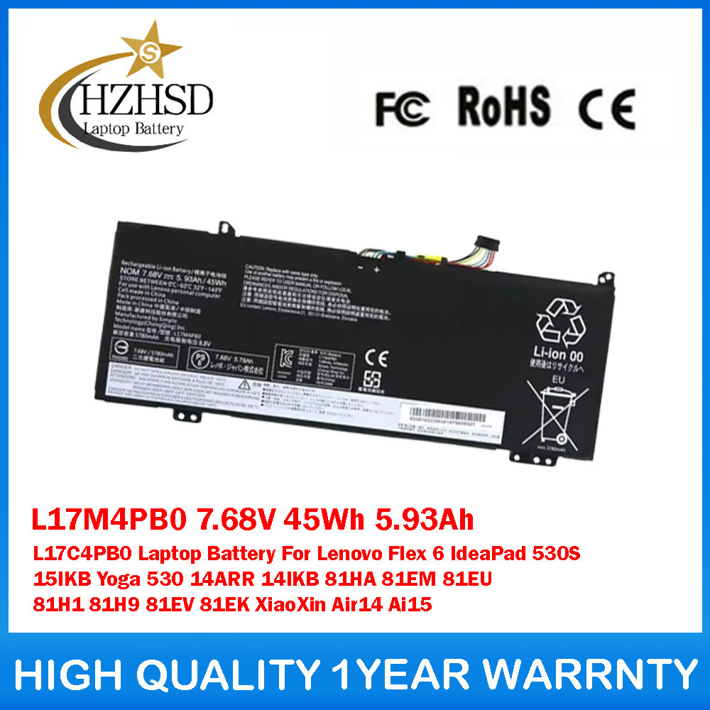 L17M4PB0 7.68V 45Wh 5.93Ah L17C4PB0 Laptop Battery For Lenovo Flex 6 IdeaPad 530S 15IKB Yoga 530 14A