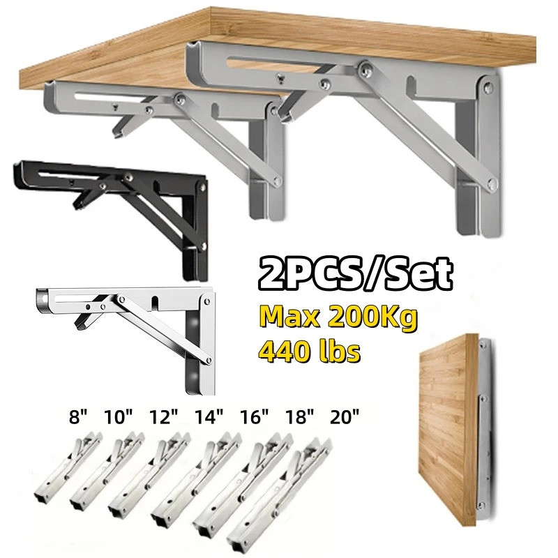 2Pcs Triangle Folding Angle Shelf Bracket Heavy Duty Stainless Steel Collapsible Shelf Bracket for T