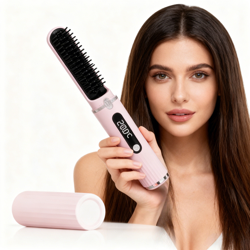 Pink Mini Hair Straightener,Reargeable Wireless Portable Hair Straightener Brush,Mini Hair Straighte