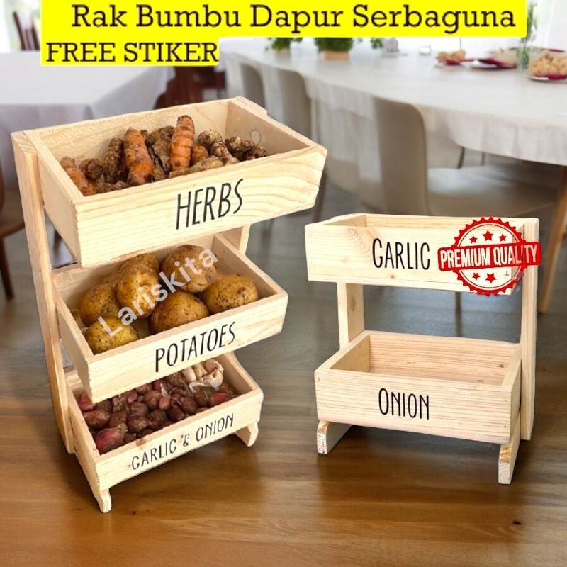 TERLARIS Rak Bawang Susun wadah bumbu wadah bawang rak dapur Kayu Kekinian | Rak Bumbu Dapur Serbagu