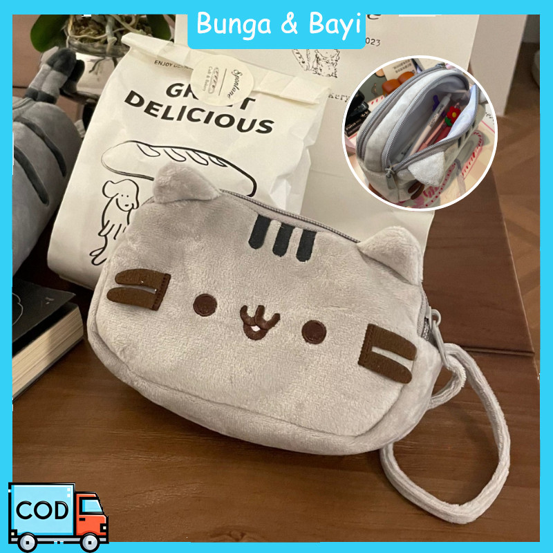 Tas Pensil Boneka Kucing Pusheen Abu-abu-Kotak Pensil Plush Lembut Kapasitas Besar Untuk Sekolah & K