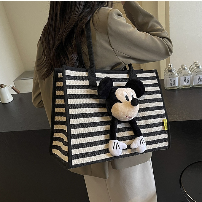 [COD]Tas Bahu Kanvas Bergaris Baru/Tas tote bag wanita kanvas/Tas Tote M*ckey Mouse Kartun Lucu/Tas 