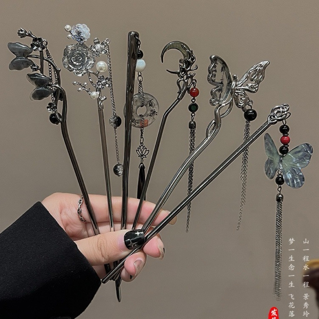 Tusuk Konde Hairpin Hitam Metallic Dark Aesthetic Gaya Cina Kondangan