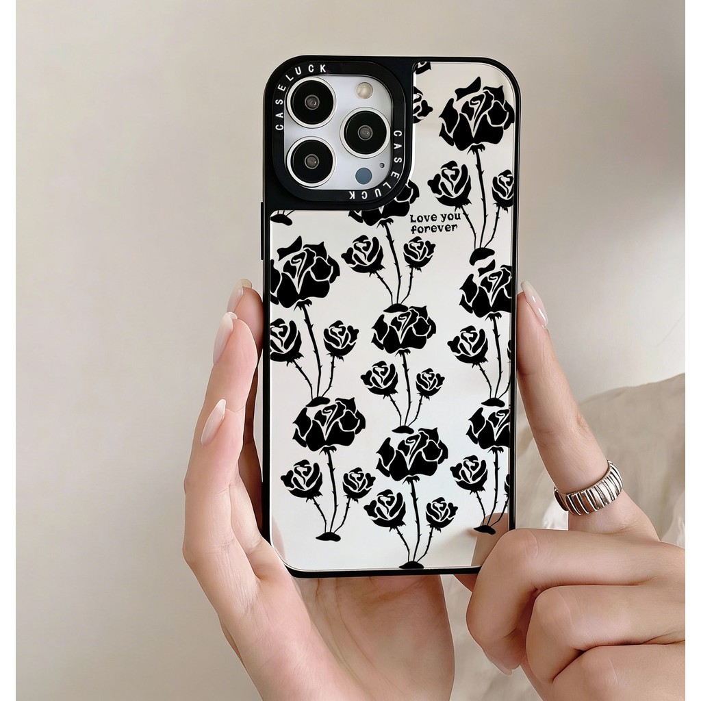 iPhone Case Cermin Mawar Hitam Elegan Aesthetic Hitam Putih 15 14 13