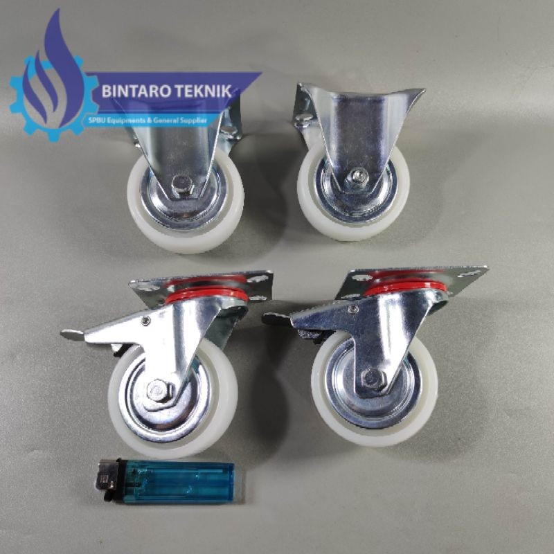 JAMIN MURAH Roda Caster Kastor 3" 3Inch Nylon Nilon Roda Trolly Troli Gerobak 1Set 2 Roda Mati & 2 H