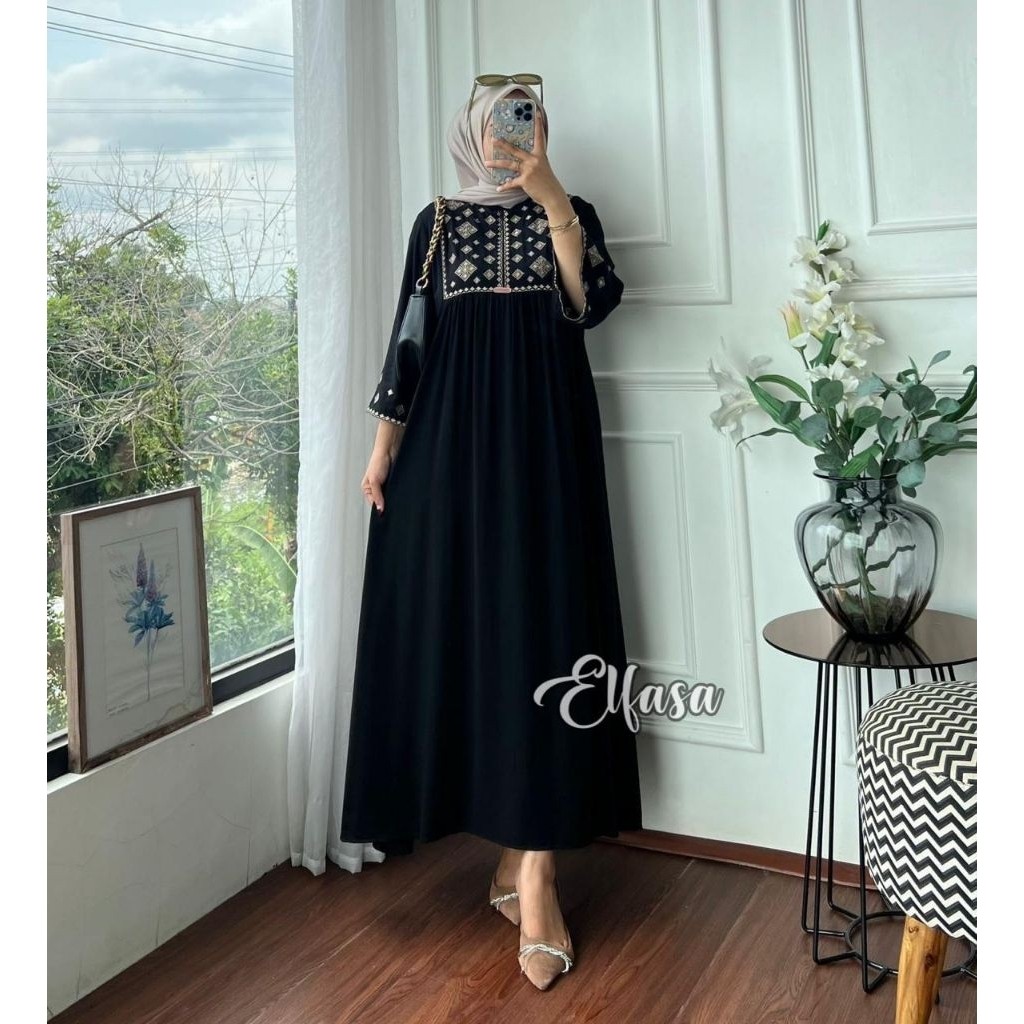 MACIAS_ Midi Bordir Mikayla lengan 3/4 - Midi semi gamis rayon twill adem lembut dan berserat - Midi