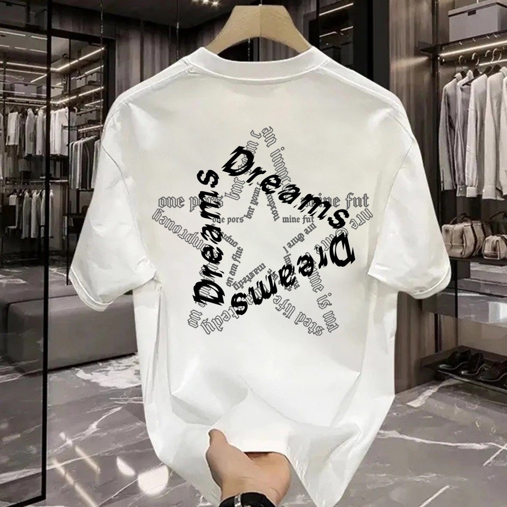 Kaos Putih Pria Oversize Motif Bintang Tulisan Dreams Hitam
