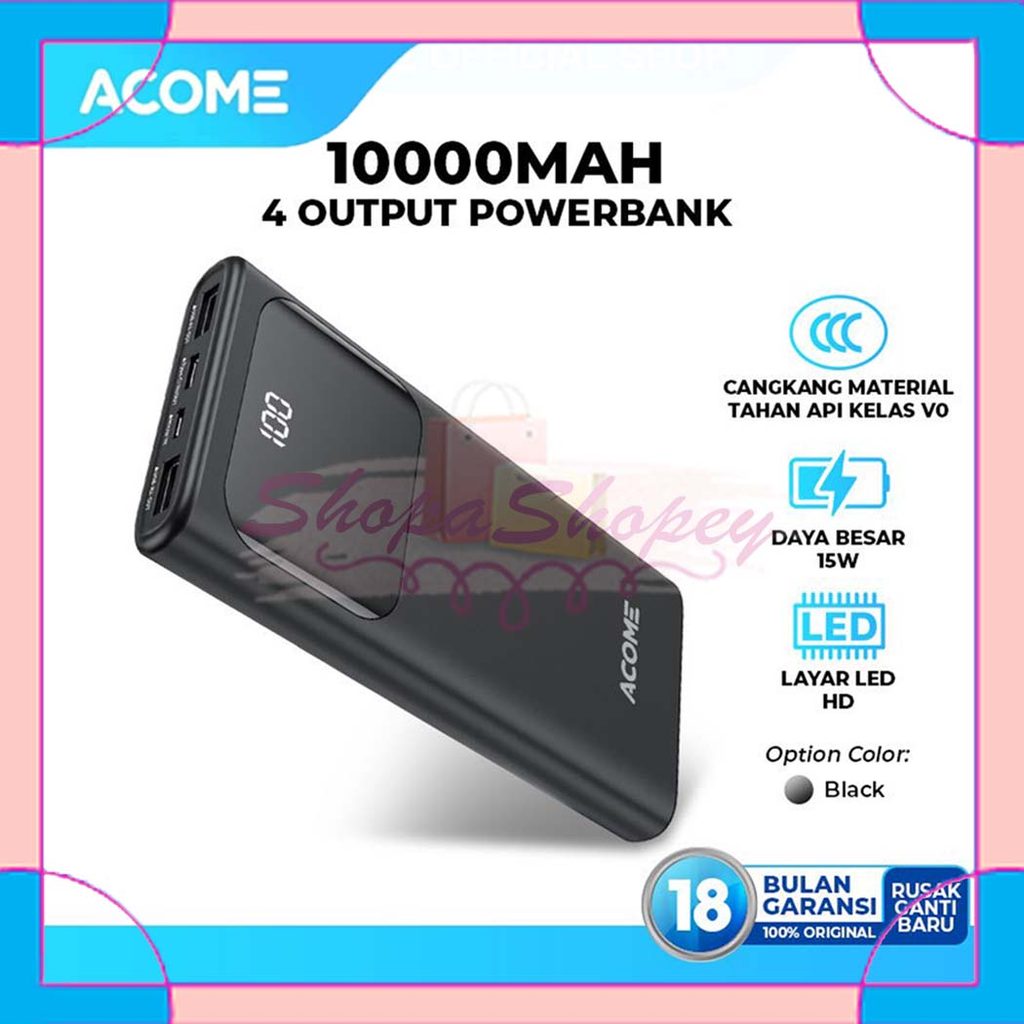 ACOME Powerbank 10000mAh 4 Output Fast Charging 15W LED Display AP113 for Iphone Samsung Xiaomi Huaw